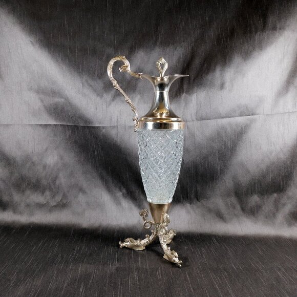 Silver and Glass Wine Decanter with Serpents Head Base and Handle # 25896